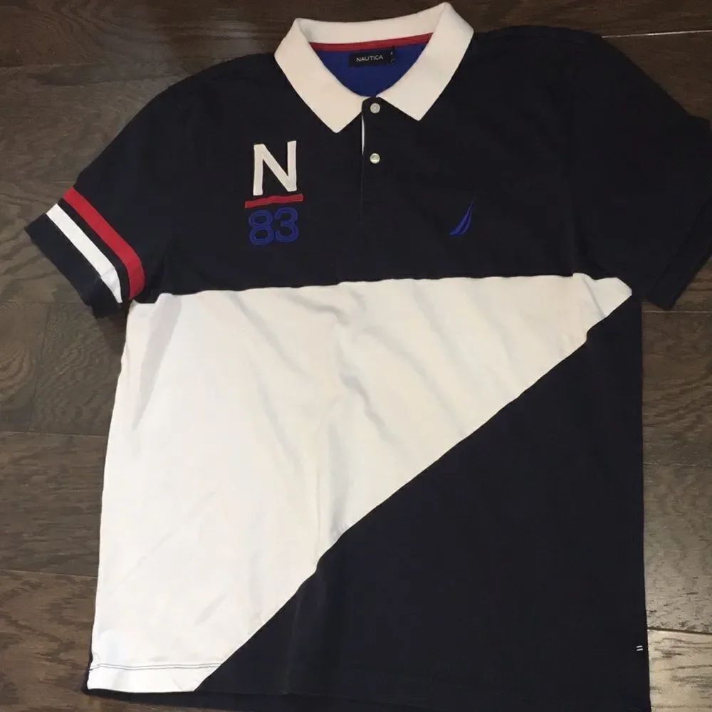 Nautica Sailing N 83 sewn Blue white red golf polo 4th of July shirt XXL(XL)